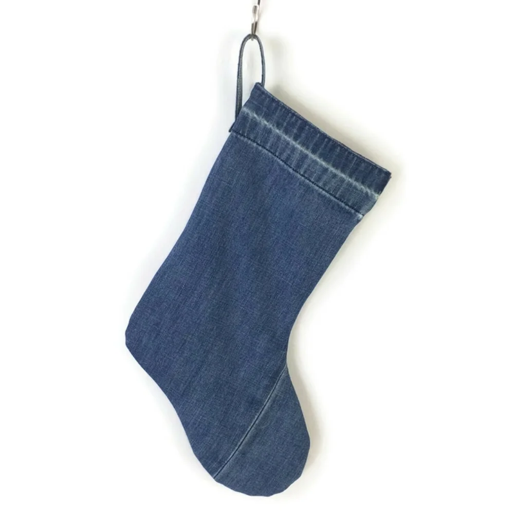 Hand Made Upcycled Denim Christmas Stocking Plaid Toe Heel 17” Rustic Lined